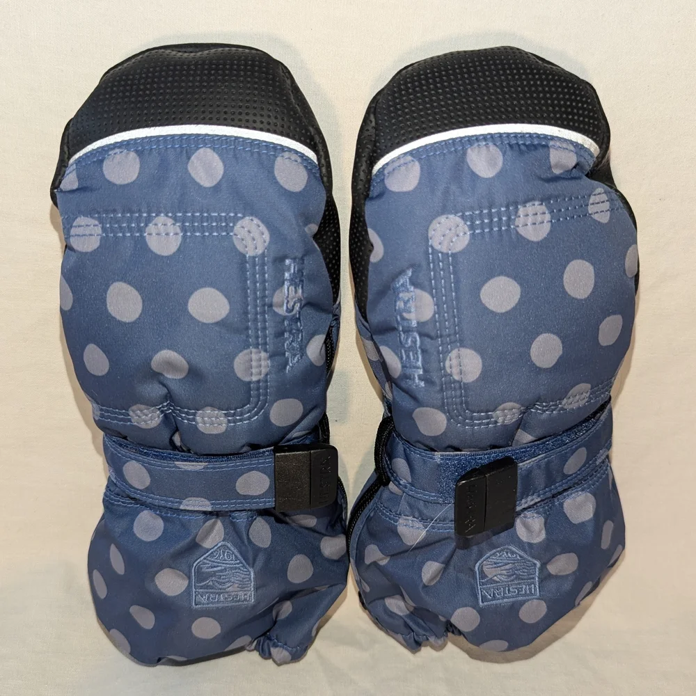 Hestra Size 4 Waterproof Insulated Blue and Gray Polka Dot Kids Mittens